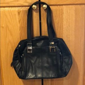 Black leather satchel with silver accents